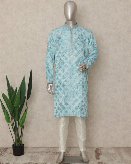 Sky Blue Cotton Silk Chikankari Kurta Set Men