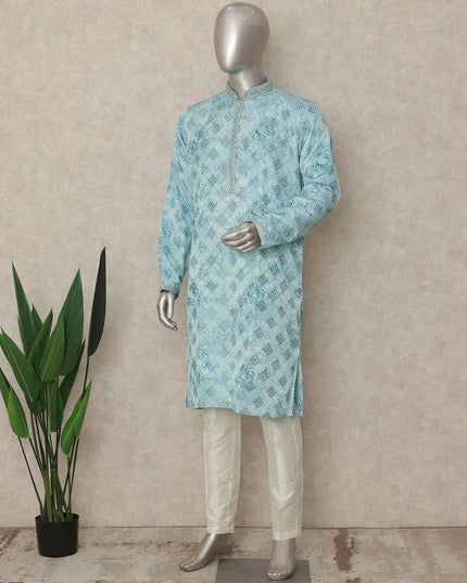 Sky Blue Cotton Silk Chikankari Kurta Set Men