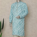 Sky Blue Cotton Silk Chikankari Kurta Set Men