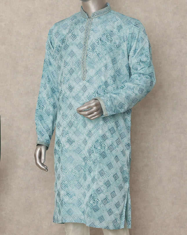 Sky Blue Cotton Silk Chikankari Kurta Set Men