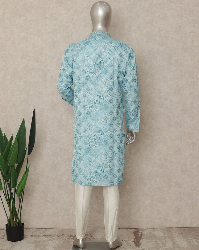 Sky Blue Cotton Silk Chikankari Kurta Set Men