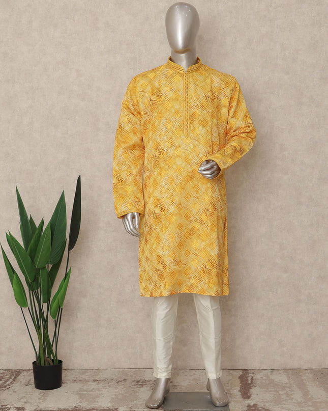 Bright Yellow Cotton Silk Kurta Pyjama Set Men