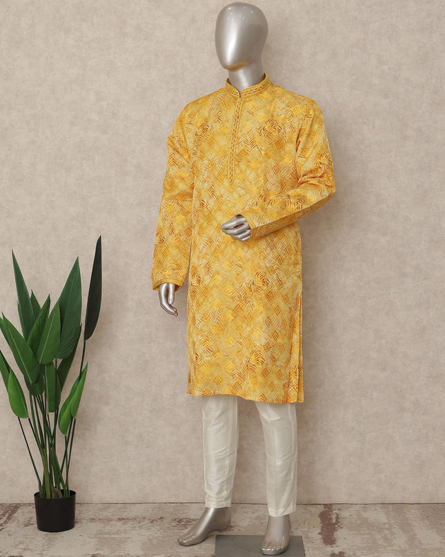 Bright Yellow Cotton Silk Kurta Pyjama Set Men