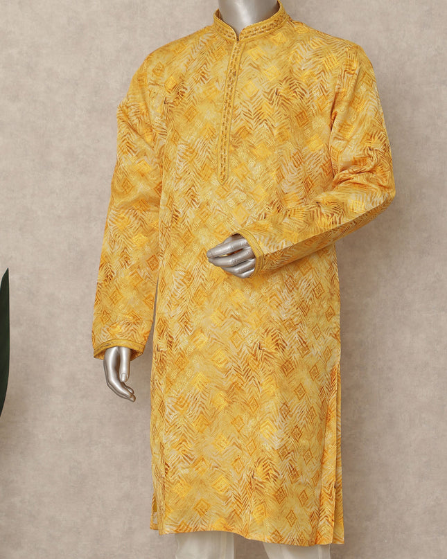 Bright Yellow Cotton Silk Kurta Pyjama Set Men