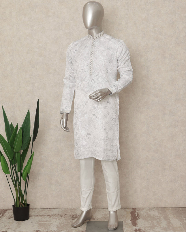 White Cotton Silk Men's Kurta Pajama - D29307