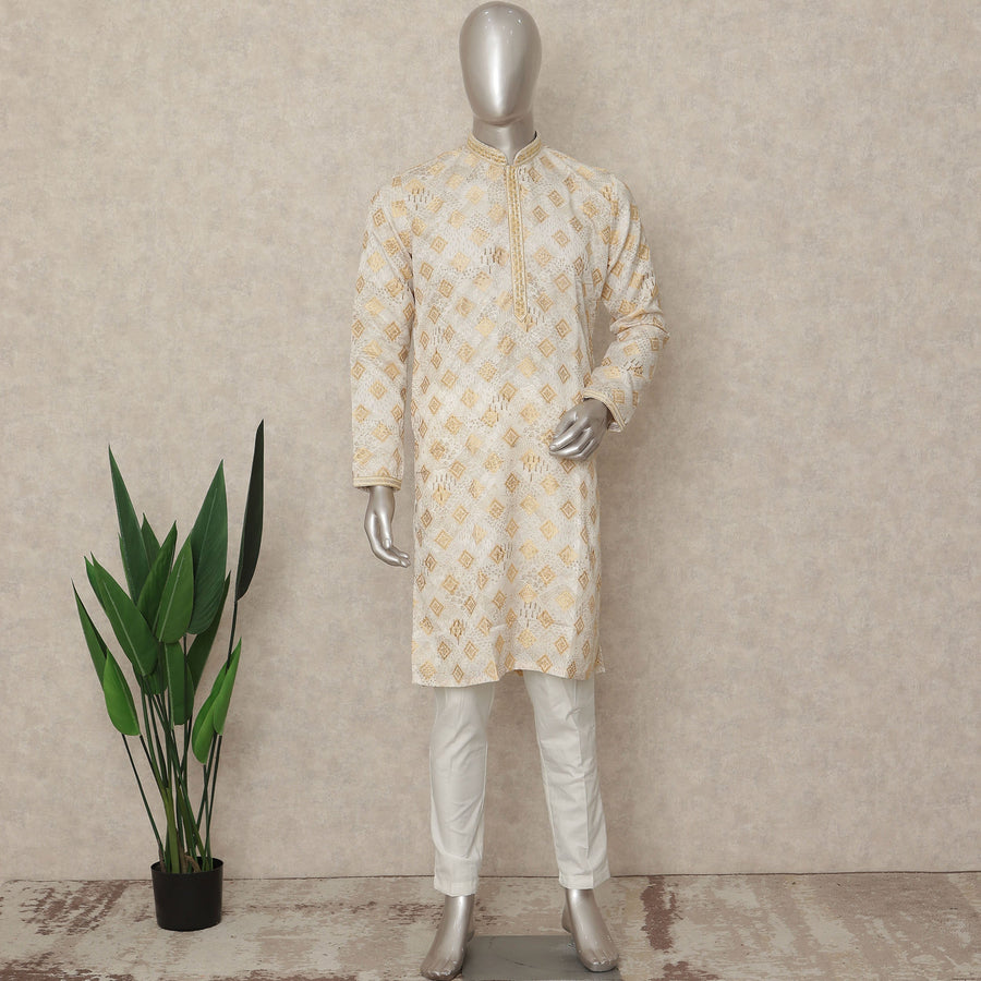 Beige Linen Men's Kurta Pajama - D29299