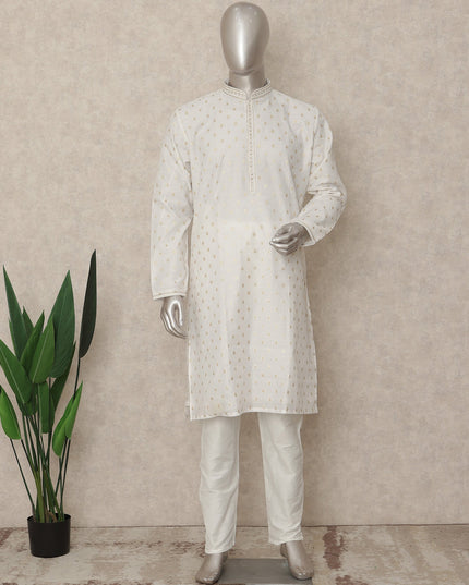 Pearl White Cotton Silk Kurta Pyjama Set Men