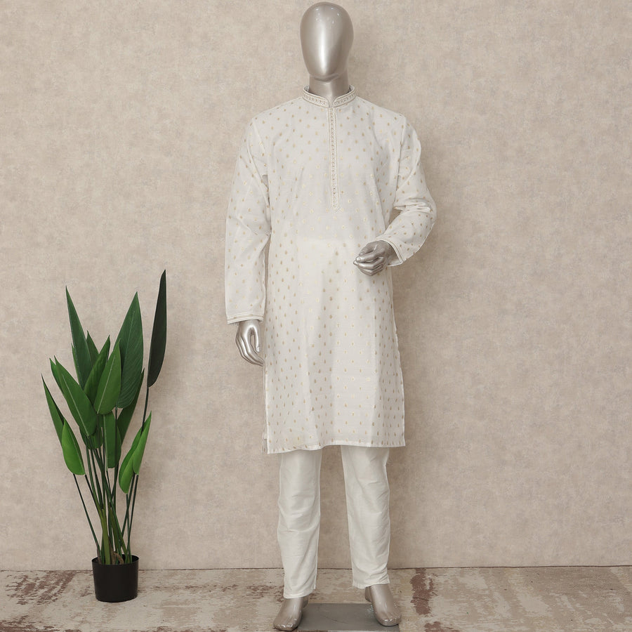 Pearl White Cotton Silk Kurta Pyjama Set Men