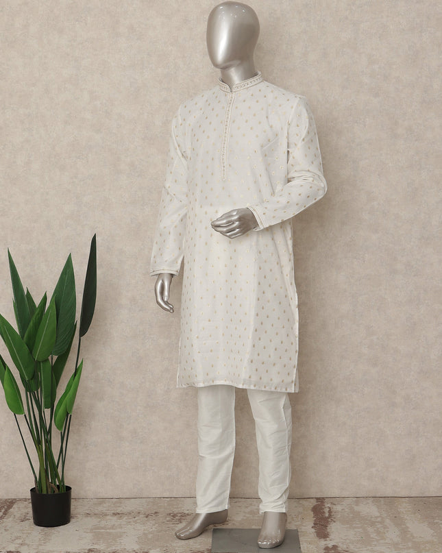Pearl White Cotton Silk Kurta Pyjama Set Men