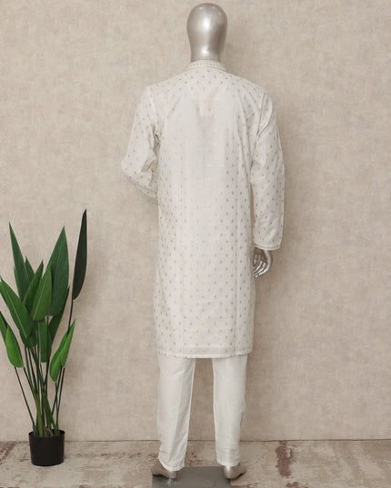 Pearl White Cotton Silk Kurta Pyjama Set Men