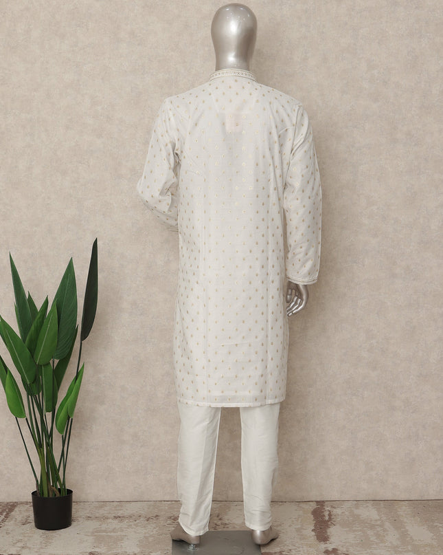 Pearl White Cotton Silk Kurta Pyjama Set Men