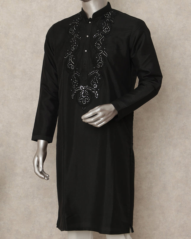 Black Cotton Silk Men's Kurta Pajama - D29305