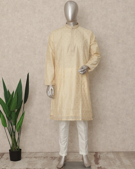 Cream Beige Cotton Silk Kurta Pyjama Set Men