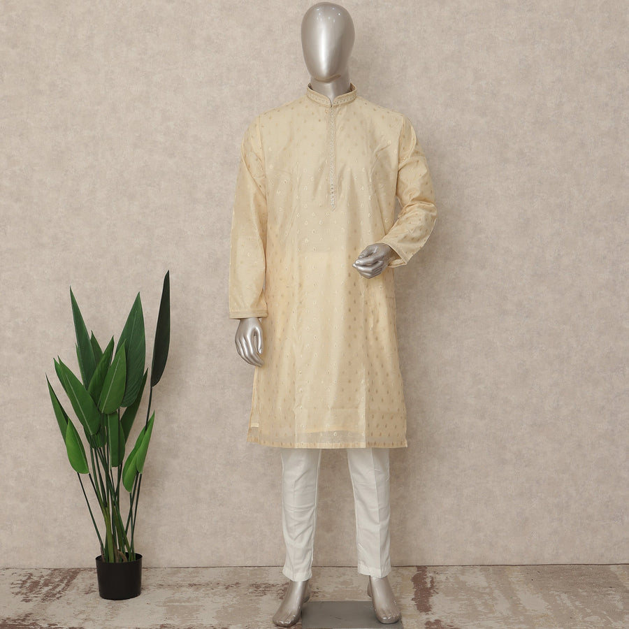 Cream Beige Cotton Silk Kurta Pyjama Set Men