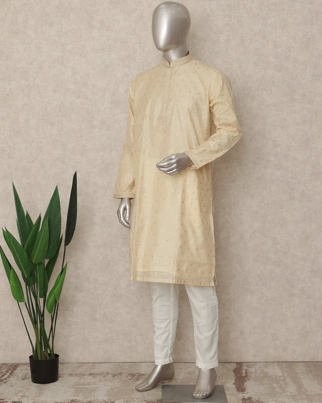 Cream Beige Cotton Silk Kurta Pyjama Set Men