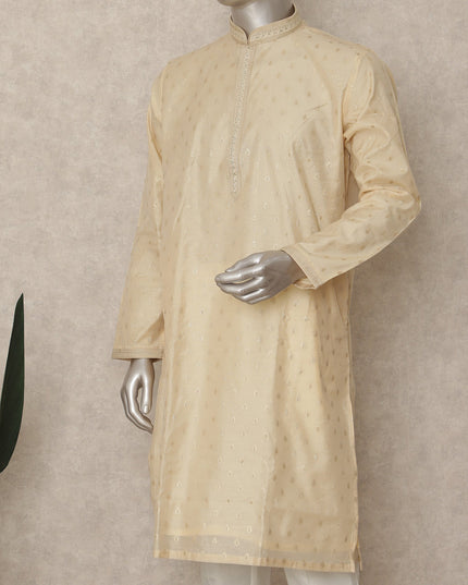Cream Beige Cotton Silk Kurta Pyjama Set Men