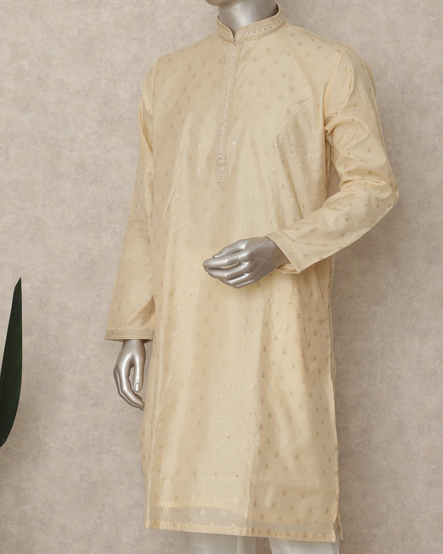 Cream Beige Cotton Silk Kurta Pyjama Set Men
