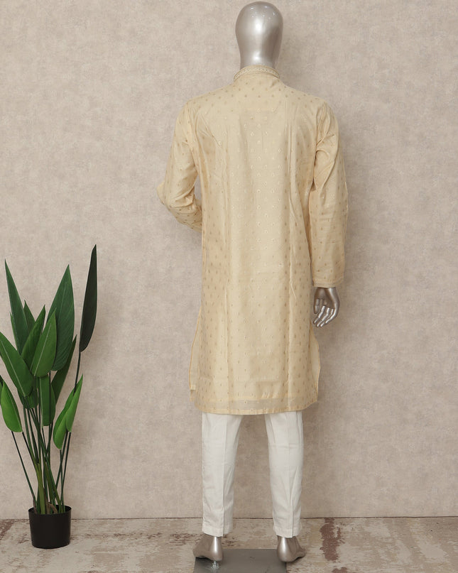 Cream Beige Cotton Silk Kurta Pyjama Set Men