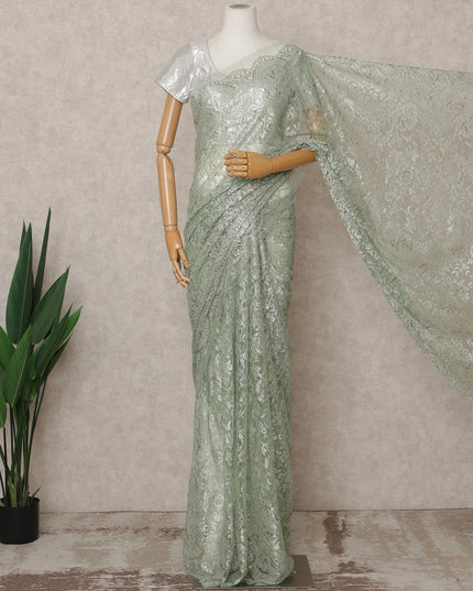 Sage Green Premium French Metallic Chantilly Lace Saree, Width 110 Cms, Length 5.5 Mtrs, Imported from France-D25694
