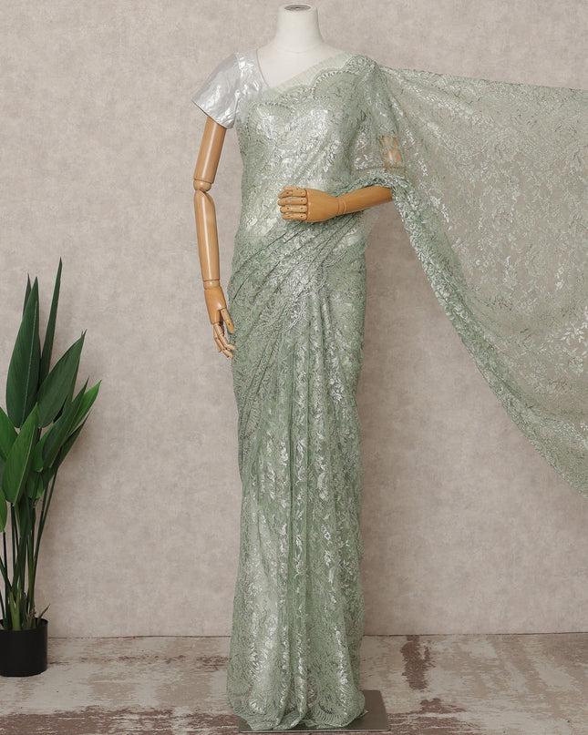 Sage Green Premium French Metallic Chantilly Lace Saree, Width 110 Cms, Length 5.5 Mtrs, Imported from France-D25694