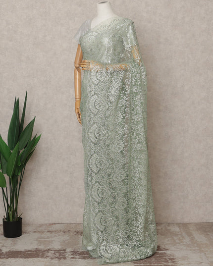 Sage Green Premium French Metallic Chantilly Lace Saree, Width 110 Cms, Length 5.5 Mtrs, Imported from France-D25694