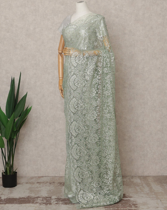Sage Green Premium French Metallic Chantilly Lace Saree, Width 110 Cms, Length 5.5 Mtrs, Imported from France-D25694