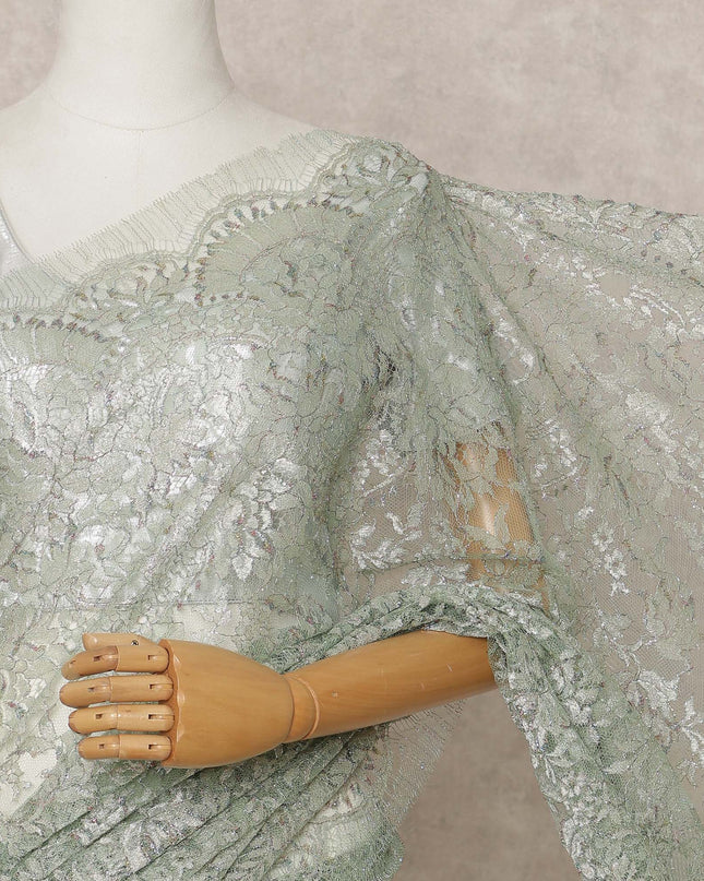 Sage Green Premium French Metallic Chantilly Lace Saree, Width 110 Cms, Length 5.5 Mtrs, Imported from France-D25694