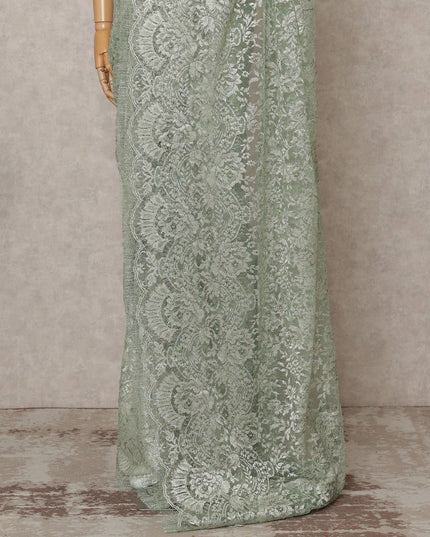 Sage Green Premium French Metallic Chantilly Lace Saree, Width 110 Cms, Length 5.5 Mtrs, Imported from France-D25694