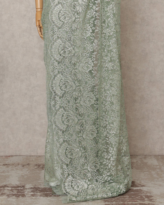Sage Green Premium French Metallic Chantilly Lace Saree, Width 110 Cms, Length 5.5 Mtrs, Imported from France-D25694