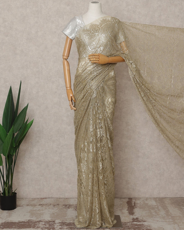 Champagne Gold Premium French Metallic Chantilly Lace Saree, Width 110 Cms, Length 5.5 Mtrs, Imported from France-D25690