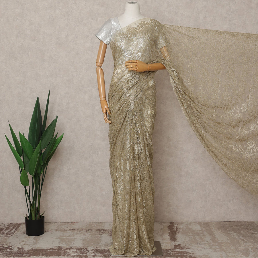 Champagne Gold Premium French Metallic Chantilly Lace Saree, Width 110 Cms, Length 5.5 Mtrs, Imported from France-D25690
