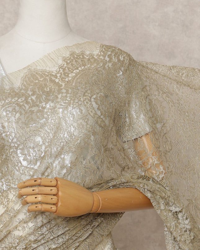 Champagne Gold Premium French Metallic Chantilly Lace Saree, Width 110 Cms, Length 5.5 Mtrs, Imported from France-D25690