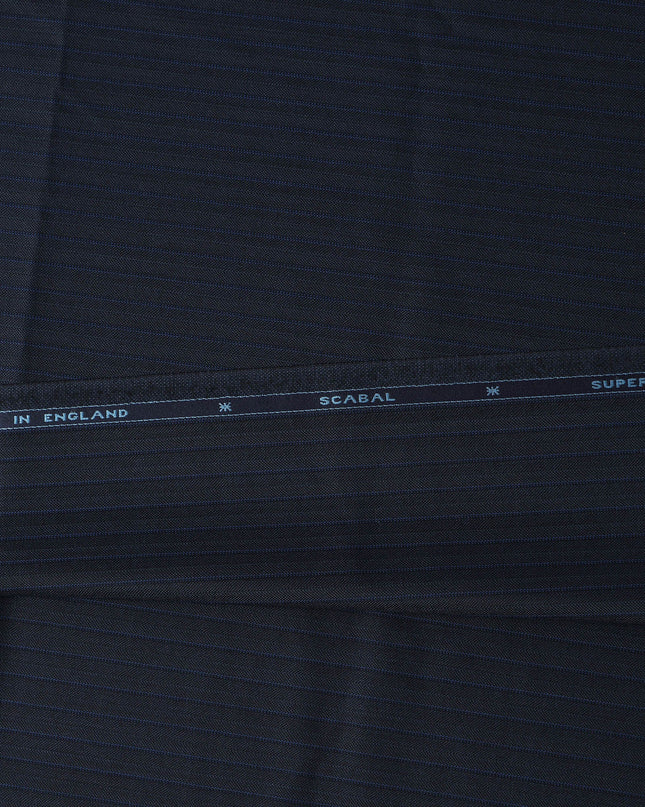 Navy Blue Pinstripe Premium Super 110’s SCABAL English All Wool Suiting Fabric, Width 150 cms, 3.75 Mtrs Cut, Made in United Kingdom-D26782