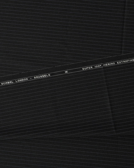 Black Pinstripe Premium Super 100’s SCABAL English Extrafine All Wool Suiting Fabric, Width 150 cms, 3.75 Mtrs Cut, Made in United Kingdom-D26786