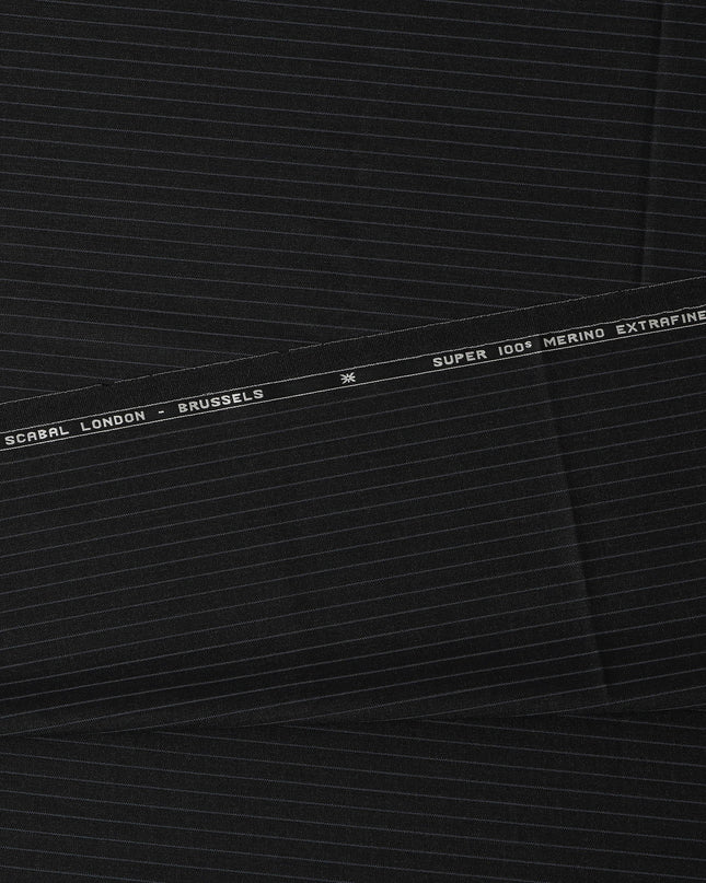 Black Pinstripe Premium Super 100’s SCABAL English Extrafine All Wool Suiting Fabric, Width 150 cms, 3.75 Mtrs Cut, Made in United Kingdom-D26786