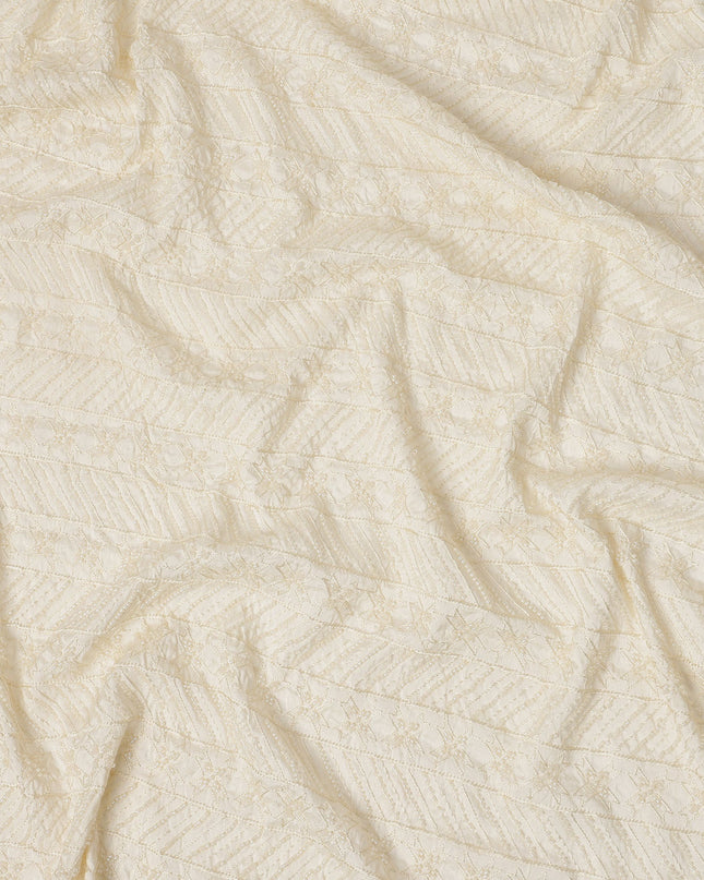 Cream Star-Pattern Beaded Textured Synthetic Blended Fabric, 110 cm Width, Made in India-D26648