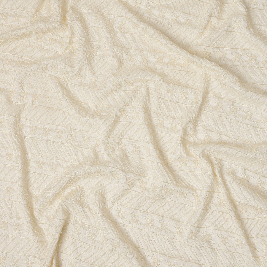 Cream Star-Pattern Beaded Textured Synthetic Blended Fabric, 110 cm Width, Made in India-D26648