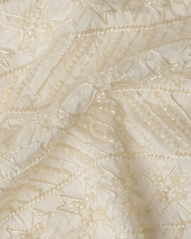 Cream Star-Pattern Beaded Textured Synthetic Blended Fabric, 110 cm Width, Made in India-D26648