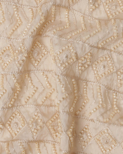 Beige Geometric Sequin and Thread Textured Synthetic Blended Fabric, 110 cm Width, Made in India-D26651