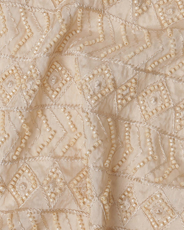 Beige Geometric Sequin and Thread Textured Synthetic Blended Fabric, 110 cm Width, Made in India-D26651