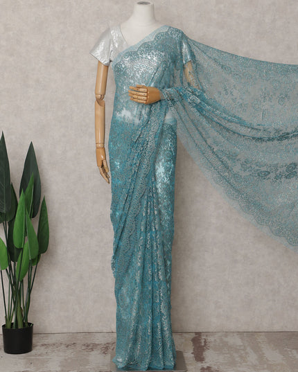Turquoise Teal Blue Chantilly Lace Saree - D31662