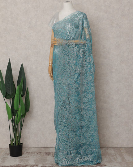 Turquoise Teal Blue Chantilly Lace Saree - D31662