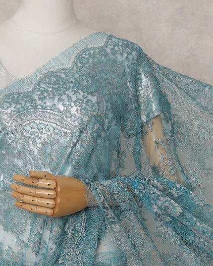Turquoise Teal Blue Chantilly Lace Saree - D31662