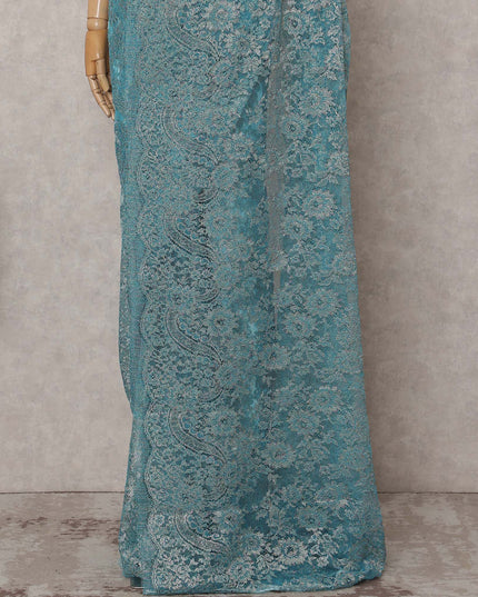 Turquoise Teal Blue Chantilly Lace Saree - D31662