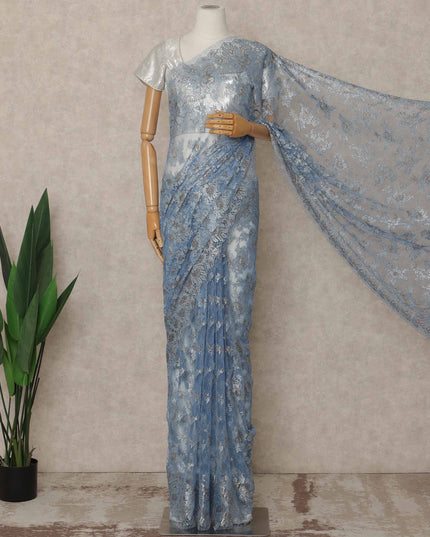 Powder Blue Premium French Metallic Chantilly Saree Lace 5.5 Mtrs Length 110 Cms Width Designer Net Fabric Made In France, Blouse Not Included-D28122