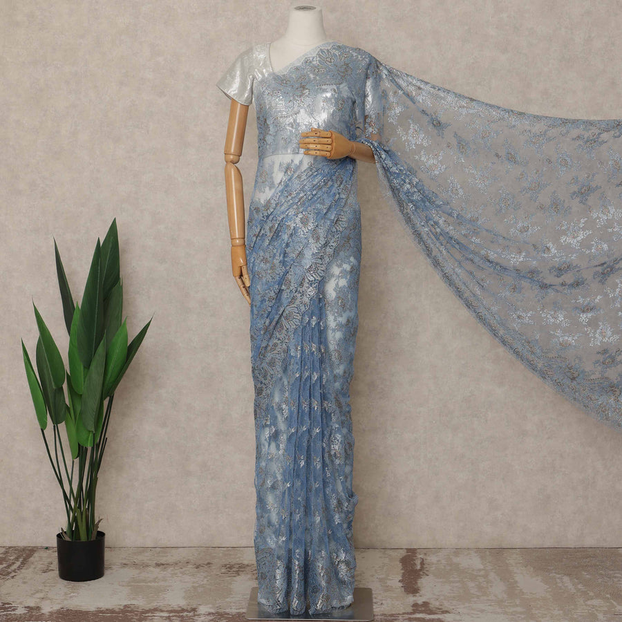 Powder Blue Premium French Metallic Chantilly Saree Lace 5.5 Mtrs Length 110 Cms Width Designer Net Fabric Made In France, Blouse Not Included-D28122