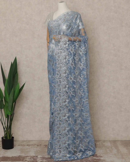 Powder Blue Premium French Metallic Chantilly Saree Lace 5.5 Mtrs Length 110 Cms Width Designer Net Fabric Made In France, Blouse Not Included-D28122