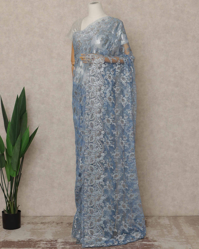 Powder Blue Premium French Metallic Chantilly Saree Lace 5.5 Mtrs Length 110 Cms Width Designer Net Fabric Made In France, Blouse Not Included-D28122