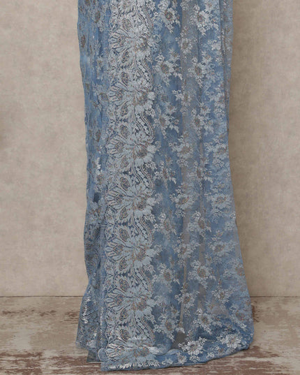 Powder Blue Premium French Metallic Chantilly Saree Lace 5.5 Mtrs Length 110 Cms Width Designer Net Fabric Made In France, Blouse Not Included-D28122