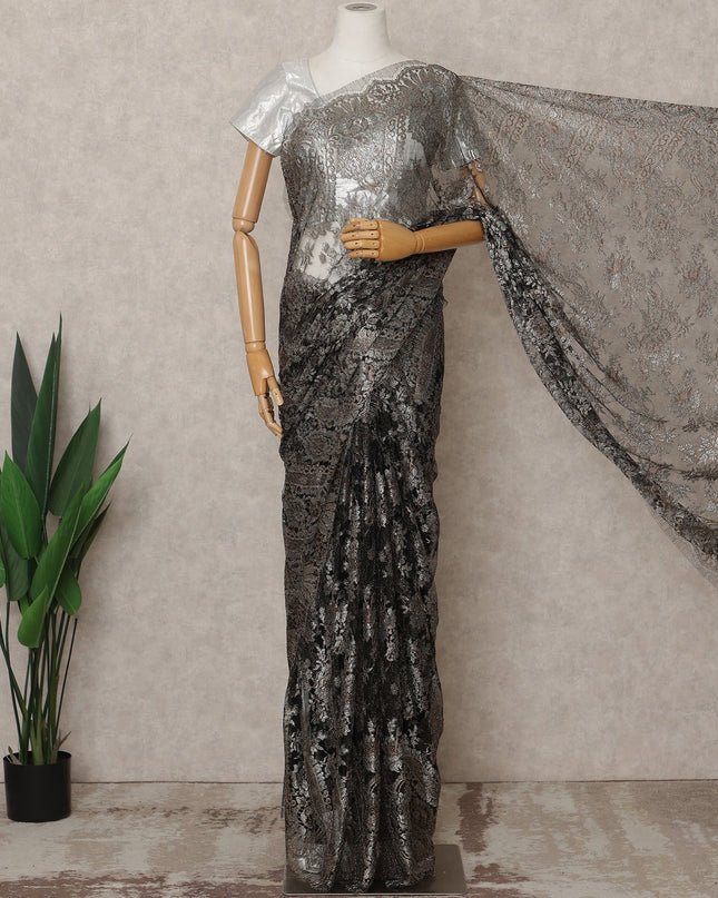Charcoal Premium French Metallic Chantilly Lace Saree Fabric – 5.5 Meters Length, 110 Cms Width, Imported from France-D25715